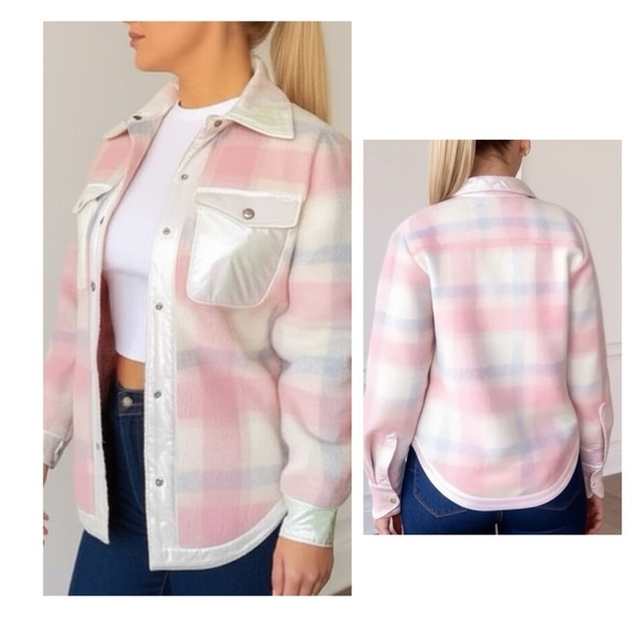 SOUTHERN GRACE Pretty in Pink Tweed Plaid Silver Buttoned Shacket Jacket Medium - Picture 3 of 6